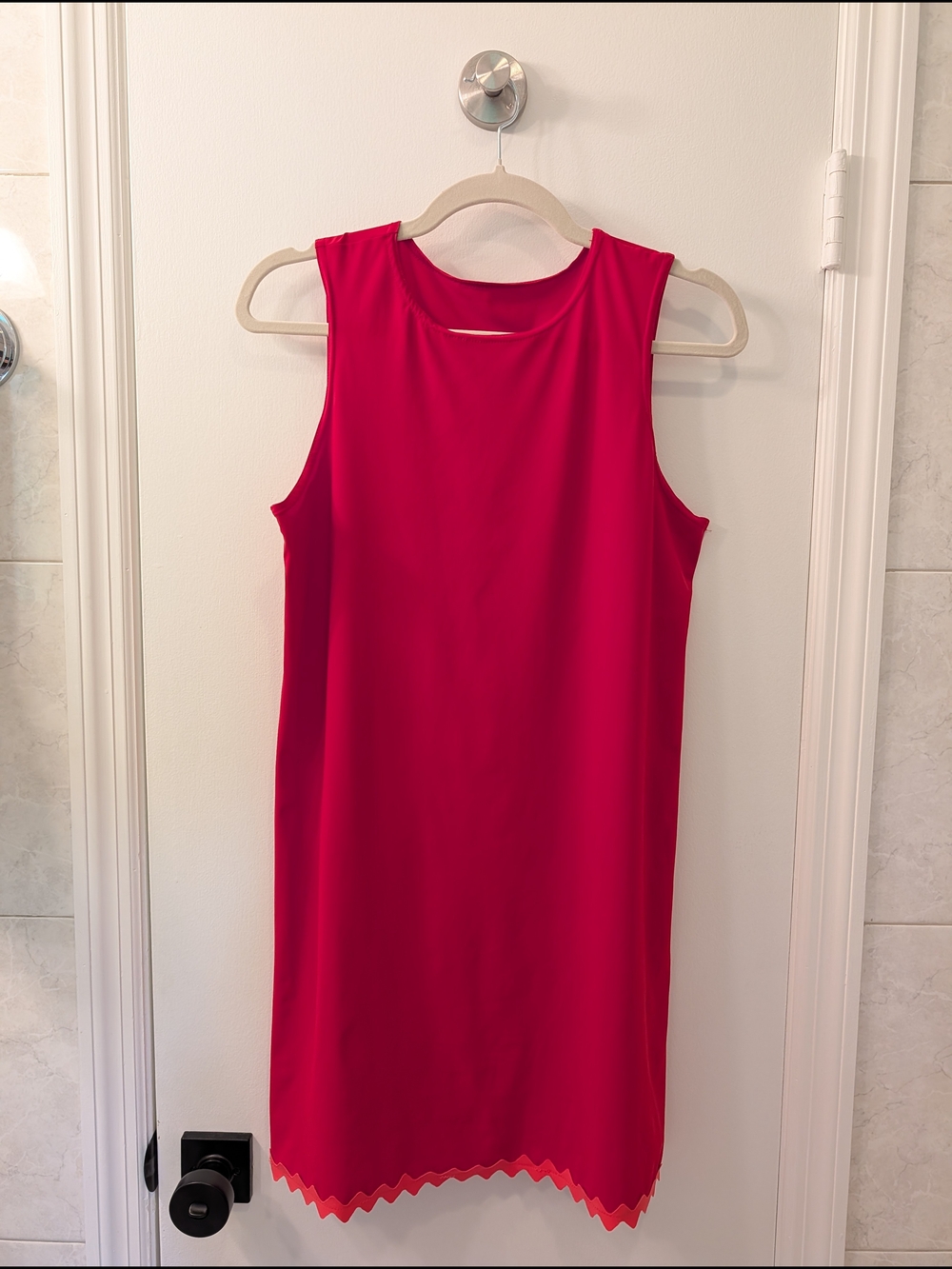 Karla Colletto Sleeveless Red Shift Dress with Scalloped Hem